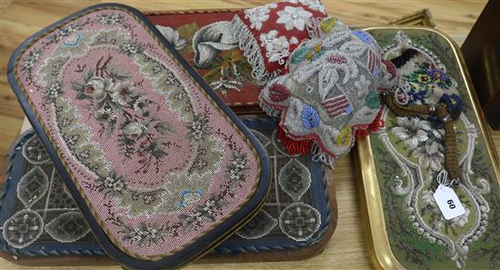 Three Berlin beadwork trays, two cushions and two purses
